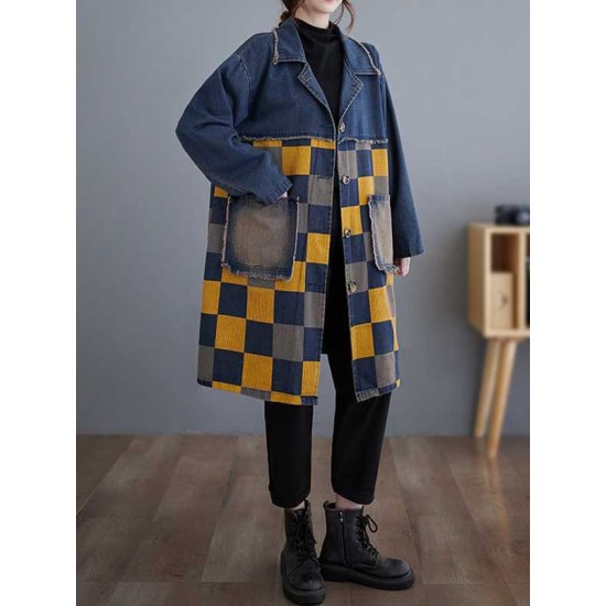 Buttoned Fringed Plaid Pockets Split-Joint Long Sleeves Loose Notched Collar Denim Outerwear Buttoned Fringed Plaid Pockets Split-Joint Long Sleeves Loose Notched Collar Denim Outerwear