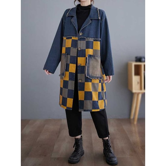 Buttoned Fringed Plaid Pockets Split-Joint Long Sleeves Loose Notched Collar Denim Outerwear Buttoned Fringed Plaid Pockets Split-Joint Long Sleeves Loose Notched Collar Denim Outerwear
