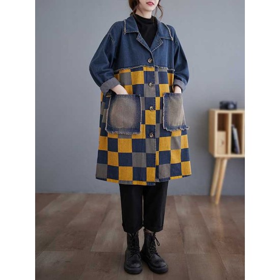 Buttoned Fringed Plaid Pockets Split-Joint Long Sleeves Loose Notched Collar Denim Outerwear Buttoned Fringed Plaid Pockets Split-Joint Long Sleeves Loose Notched Collar Denim Outerwear