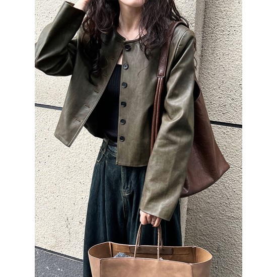 Buttoned Pockets Long Sleeves Loose Round-neck Jackets Buttoned Pockets Long Sleeves Loose Round-neck Jackets