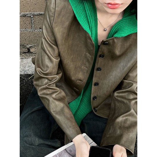 Buttoned Pockets Long Sleeves Loose Round-neck Jackets Buttoned Pockets Long Sleeves Loose Round-neck Jackets