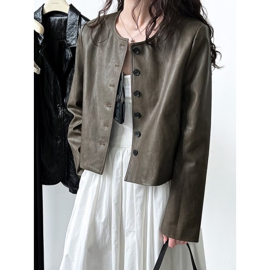 Buttoned Pockets Long Sleeves Loose Round-neck Jackets Buttoned Pockets Long Sleeves Loose Round-neck Jackets
