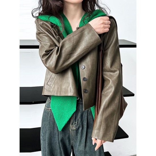 Buttoned Pockets Long Sleeves Loose Round-neck Jackets Buttoned Pockets Long Sleeves Loose Round-neck Jackets