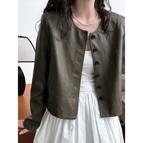 Buttoned Pockets Long Sleeves Loose Round-neck Jackets Buttoned Pockets Long Sleeves Loose Round-neck Jackets