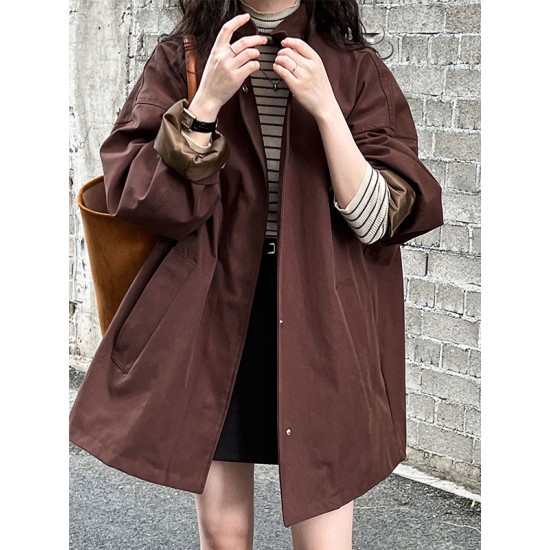 Pockets Solid Color Long Sleeves Loose Stand Collar Trench Coats Outerwear Pockets Solid Color Long Sleeves Loose Stand Collar Trench Coats Outerwear