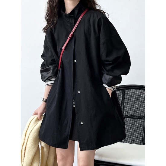 Pockets Solid Color Long Sleeves Loose Stand Collar Trench Coats Outerwear Pockets Solid Color Long Sleeves Loose Stand Collar Trench Coats Outerwear