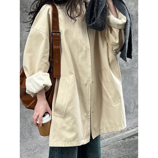 Pockets Solid Color Long Sleeves Loose Stand Collar Trench Coats Outerwear Pockets Solid Color Long Sleeves Loose Stand Collar Trench Coats Outerwear