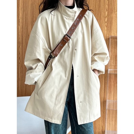 Pockets Solid Color Long Sleeves Loose Stand Collar Trench Coats Outerwear Pockets Solid Color Long Sleeves Loose Stand Collar Trench Coats Outerwear