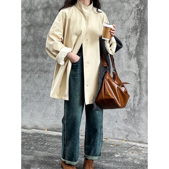 Pockets Solid Color Long Sleeves Loose Stand Collar Trench Coats Outerwear Pockets Solid Color Long Sleeves Loose Stand Collar Trench Coats Outerwear