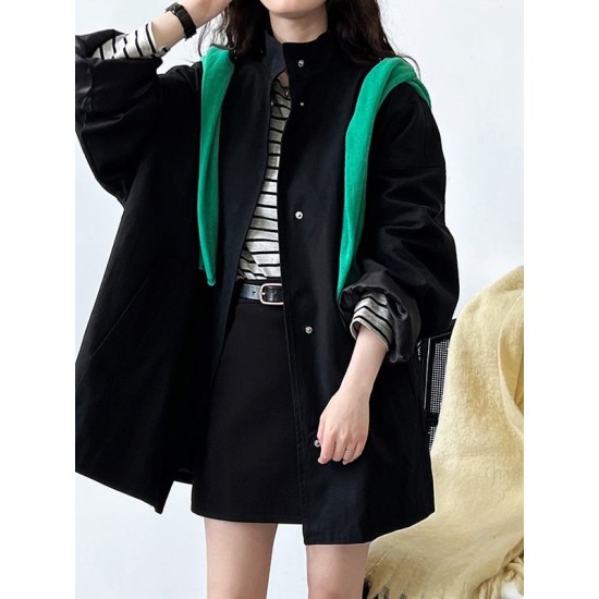 Pockets Solid Color Long Sleeves Loose Stand Collar Trench Coats Outerwear Pockets Solid Color Long Sleeves Loose Stand Collar Trench Coats Outerwear