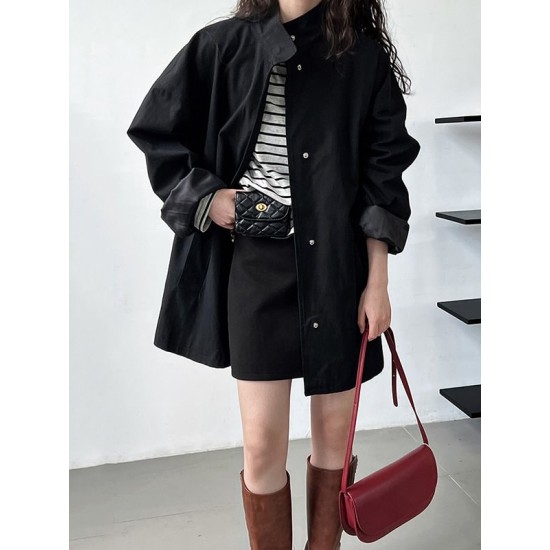 Pockets Solid Color Long Sleeves Loose Stand Collar Trench Coats Outerwear Pockets Solid Color Long Sleeves Loose Stand Collar Trench Coats Outerwear