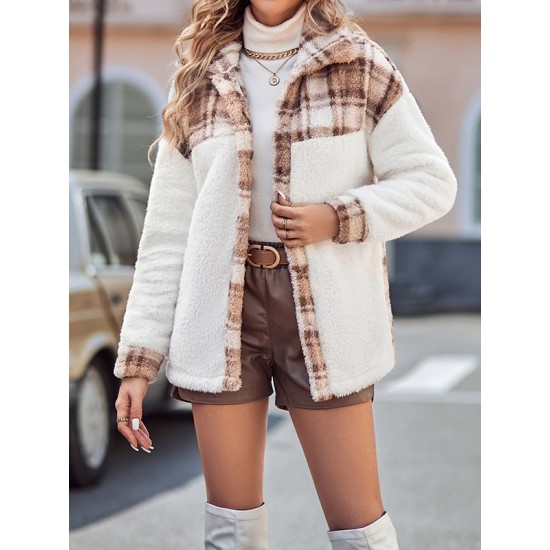 Buttoned Plaid Split-Joint Velvet Long Sleeves Loose Lapel Outerwear Buttoned Plaid Split-Joint Velvet Long Sleeves Loose Lapel Outerwear