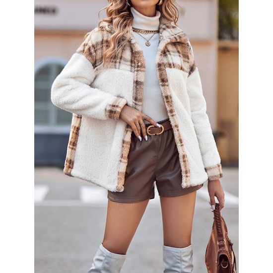 Buttoned Plaid Split-Joint Velvet Long Sleeves Loose Lapel Outerwear Buttoned Plaid Split-Joint Velvet Long Sleeves Loose Lapel Outerwear