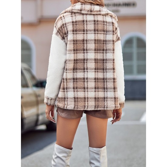 Buttoned Plaid Split-Joint Velvet Long Sleeves Loose Lapel Outerwear Buttoned Plaid Split-Joint Velvet Long Sleeves Loose Lapel Outerwear