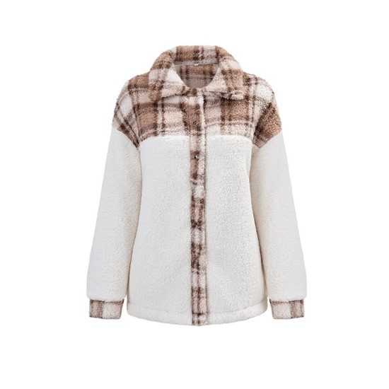 Buttoned Plaid Split-Joint Velvet Long Sleeves Loose Lapel Outerwear Buttoned Plaid Split-Joint Velvet Long Sleeves Loose Lapel Outerwear