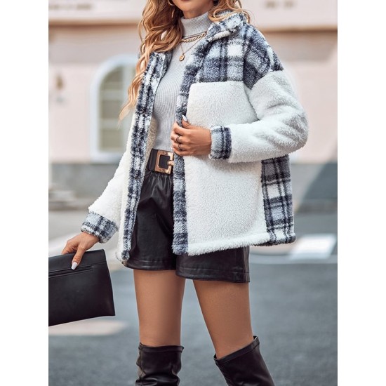 Buttoned Plaid Split-Joint Velvet Long Sleeves Loose Lapel Outerwear Buttoned Plaid Split-Joint Velvet Long Sleeves Loose Lapel Outerwear