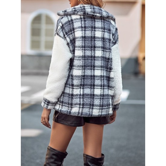 Buttoned Plaid Split-Joint Velvet Long Sleeves Loose Lapel Outerwear Buttoned Plaid Split-Joint Velvet Long Sleeves Loose Lapel Outerwear