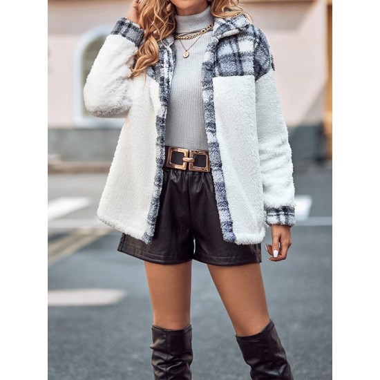 Buttoned Plaid Split-Joint Velvet Long Sleeves Loose Lapel Outerwear Buttoned Plaid Split-Joint Velvet Long Sleeves Loose Lapel Outerwear