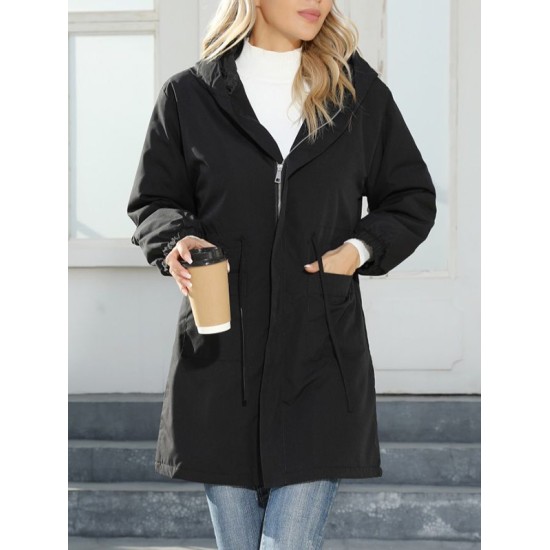 Drawstring Elasticity Pockets Quilted Solid Color Zipper Long Sleeves Loose Hooded Jackets Drawstring Elasticity Pockets Quilted Solid Color Zipper Long Sleeves Loose Hooded Jackets