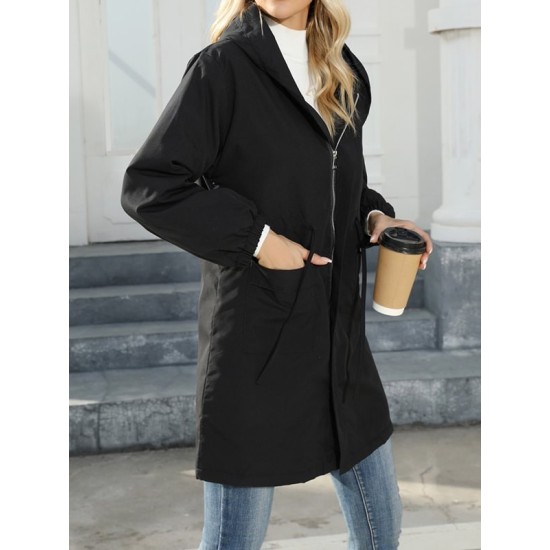 Drawstring Elasticity Pockets Quilted Solid Color Zipper Long Sleeves Loose Hooded Jackets Drawstring Elasticity Pockets Quilted Solid Color Zipper Long Sleeves Loose Hooded Jackets