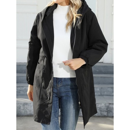 Drawstring Elasticity Pockets Quilted Solid Color Zipper Long Sleeves Loose Hooded Jackets Drawstring Elasticity Pockets Quilted Solid Color Zipper Long Sleeves Loose Hooded Jackets