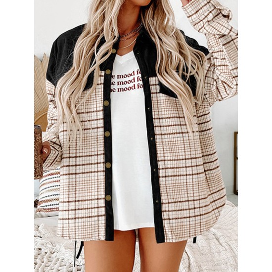 Buttoned Contrast Color Plaid Pockets Split-Joint Long Sleeves Loose Lapel Outerwear Jackets Buttoned Contrast Color Plaid Pockets Split-Joint Long Sleeves Loose Lapel Outerwear Jackets
