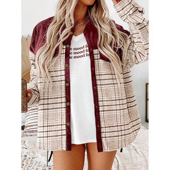 Buttoned Contrast Color Plaid Pockets Split-Joint Long Sleeves Loose Lapel Outerwear Jackets Buttoned Contrast Color Plaid Pockets Split-Joint Long Sleeves Loose Lapel Outerwear Jackets
