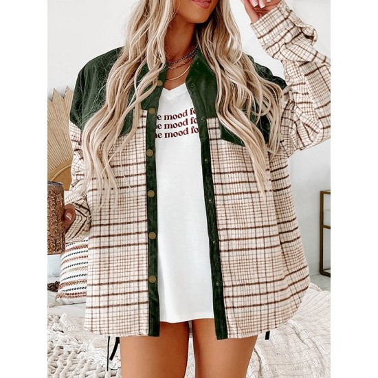 Buttoned Contrast Color Plaid Pockets Split-Joint Long Sleeves Loose Lapel Outerwear Jackets Buttoned Contrast Color Plaid Pockets Split-Joint Long Sleeves Loose Lapel Outerwear Jackets
