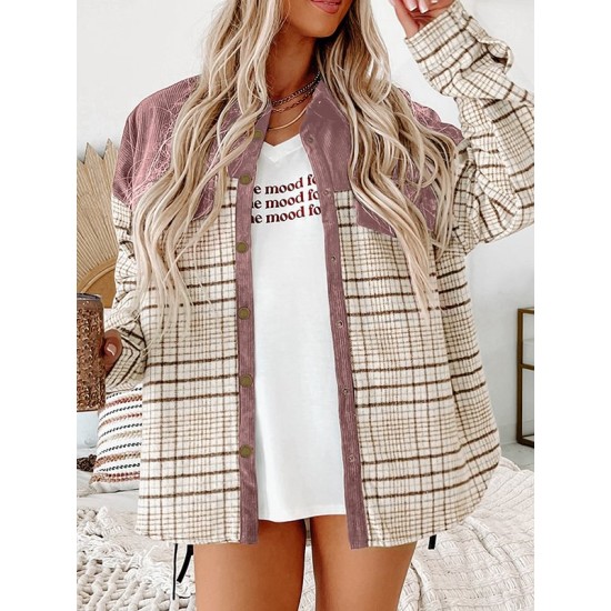 Buttoned Contrast Color Plaid Pockets Split-Joint Long Sleeves Loose Lapel Outerwear Jackets Buttoned Contrast Color Plaid Pockets Split-Joint Long Sleeves Loose Lapel Outerwear Jackets