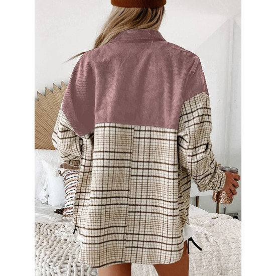 Buttoned Contrast Color Plaid Pockets Split-Joint Long Sleeves Loose Lapel Outerwear Jackets Buttoned Contrast Color Plaid Pockets Split-Joint Long Sleeves Loose Lapel Outerwear Jackets