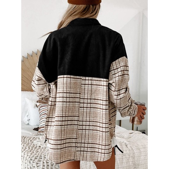 Buttoned Contrast Color Plaid Pockets Split-Joint Long Sleeves Loose Lapel Outerwear Jackets Buttoned Contrast Color Plaid Pockets Split-Joint Long Sleeves Loose Lapel Outerwear Jackets