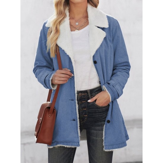 Buttoned Pockets Velvet Long Sleeves Loose Notched Collar Outerwear Buttoned Pockets Velvet Long Sleeves Loose Notched Collar Outerwear