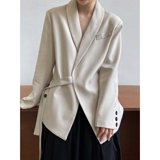 Asymmetric Buttoned Pockets Solid Color Tied Long Sleeves Loose V-Neck Outerwear Blazer Asymmetric Buttoned Pockets Solid Color Tied Long Sleeves Loose V-Neck Outerwear Blazer