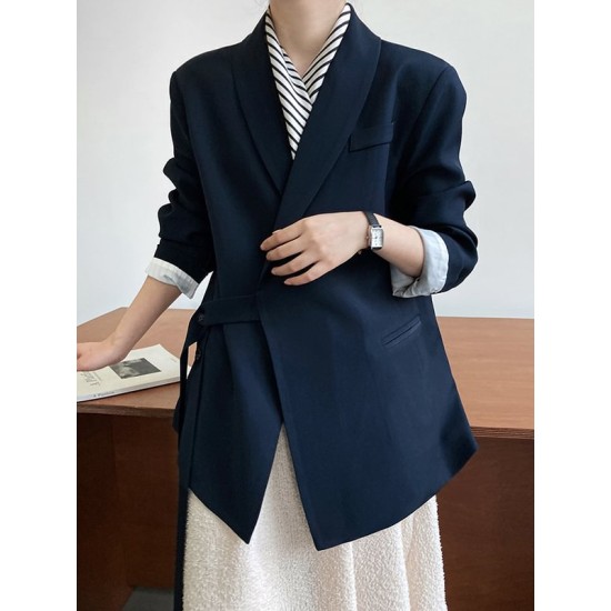 Asymmetric Buttoned Pockets Solid Color Tied Long Sleeves Loose V-Neck Outerwear Blazer Asymmetric Buttoned Pockets Solid Color Tied Long Sleeves Loose V-Neck Outerwear Blazer