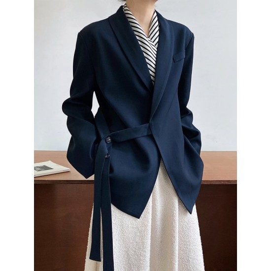 Asymmetric Buttoned Pockets Solid Color Tied Long Sleeves Loose V-Neck Outerwear Blazer Asymmetric Buttoned Pockets Solid Color Tied Long Sleeves Loose V-Neck Outerwear Blazer