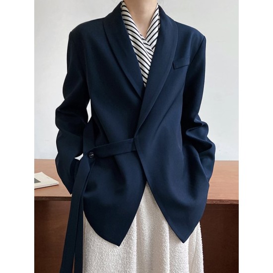 Asymmetric Buttoned Pockets Solid Color Tied Long Sleeves Loose V-Neck Outerwear Blazer Asymmetric Buttoned Pockets Solid Color Tied Long Sleeves Loose V-Neck Outerwear Blazer