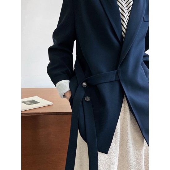 Asymmetric Buttoned Pockets Solid Color Tied Long Sleeves Loose V-Neck Outerwear Blazer Asymmetric Buttoned Pockets Solid Color Tied Long Sleeves Loose V-Neck Outerwear Blazer