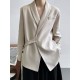 Asymmetric Buttoned Pockets Solid Color Tied Long Sleeves Loose V-Neck Outerwear Blazer Asymmetric Buttoned Pockets Solid Color Tied Long Sleeves Loose V-Neck Outerwear Blazer