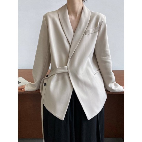 Asymmetric Buttoned Pockets Solid Color Tied Long Sleeves Loose V-Neck Outerwear Blazer Asymmetric Buttoned Pockets Solid Color Tied Long Sleeves Loose V-Neck Outerwear Blazer