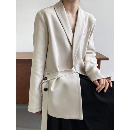 Asymmetric Buttoned Pockets Solid Color Tied Long Sleeves Loose V-Neck Outerwear Blazer Asymmetric Buttoned Pockets Solid Color Tied Long Sleeves Loose V-Neck Outerwear Blazer