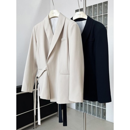 Asymmetric Buttoned Pockets Solid Color Tied Long Sleeves Loose V-Neck Outerwear Blazer Asymmetric Buttoned Pockets Solid Color Tied Long Sleeves Loose V-Neck Outerwear Blazer