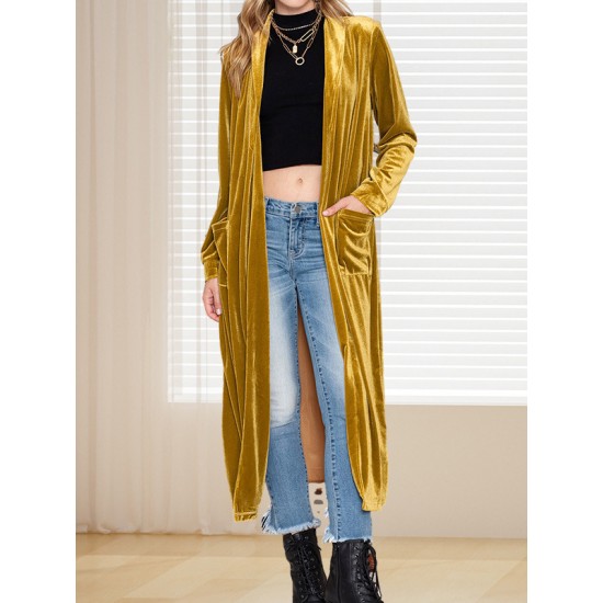 Pockets Solid Color Split-Joint Velvet Long Sleeves Loose Collarless Outerwear Pockets Solid Color Split-Joint Velvet Long Sleeves Loose Collarless Outerwear