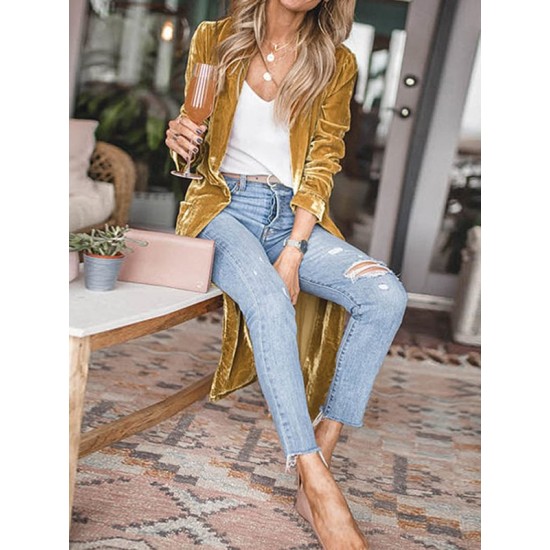 Pockets Solid Color Split-Joint Velvet Long Sleeves Loose Collarless Outerwear Pockets Solid Color Split-Joint Velvet Long Sleeves Loose Collarless Outerwear