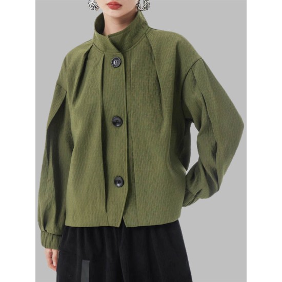 Buttoned Elasticity Pleated Long Sleeves Loose Stand Collar Outerwear Jackets Buttoned Elasticity Pleated Long Sleeves Loose Stand Collar Outerwear Jackets