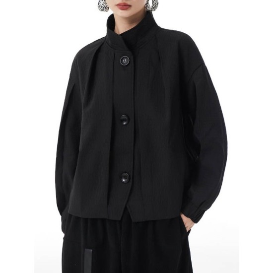 Buttoned Elasticity Pleated Long Sleeves Loose Stand Collar Outerwear Jackets Buttoned Elasticity Pleated Long Sleeves Loose Stand Collar Outerwear Jackets