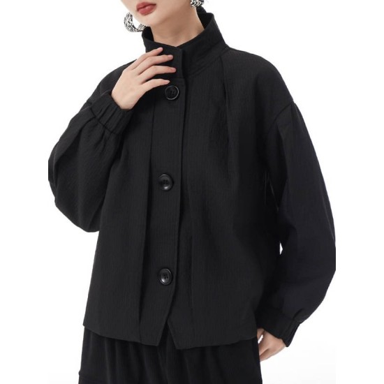 Buttoned Elasticity Pleated Long Sleeves Loose Stand Collar Outerwear Jackets Buttoned Elasticity Pleated Long Sleeves Loose Stand Collar Outerwear Jackets