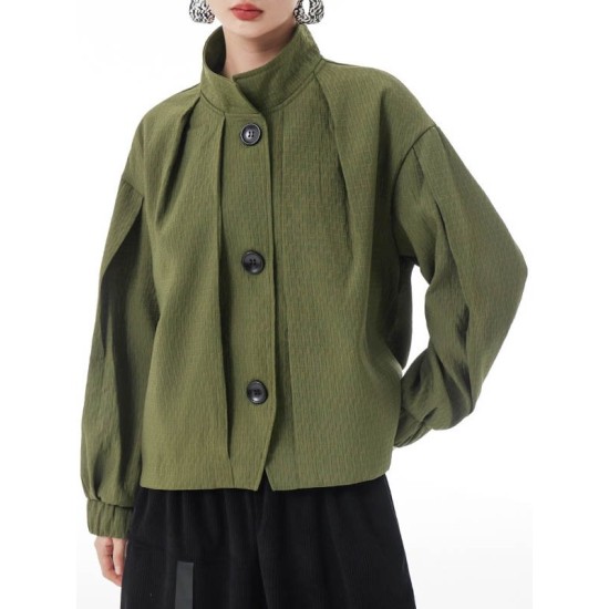 Buttoned Elasticity Pleated Long Sleeves Loose Stand Collar Outerwear Jackets Buttoned Elasticity Pleated Long Sleeves Loose Stand Collar Outerwear Jackets