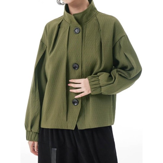 Buttoned Elasticity Pleated Long Sleeves Loose Stand Collar Outerwear Jackets Buttoned Elasticity Pleated Long Sleeves Loose Stand Collar Outerwear Jackets