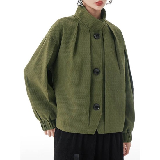 Buttoned Elasticity Pleated Long Sleeves Loose Stand Collar Outerwear Jackets Buttoned Elasticity Pleated Long Sleeves Loose Stand Collar Outerwear Jackets