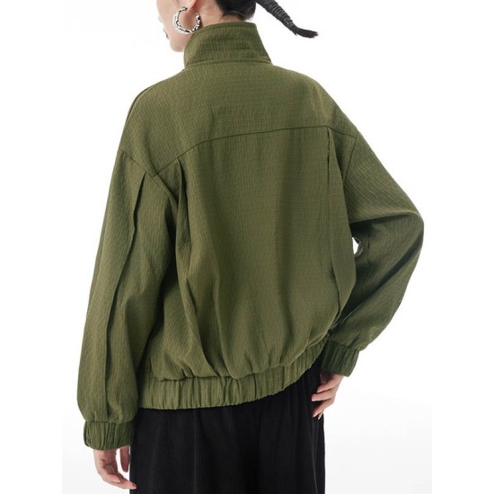 Buttoned Elasticity Pleated Long Sleeves Loose Stand Collar Outerwear Jackets Buttoned Elasticity Pleated Long Sleeves Loose Stand Collar Outerwear Jackets